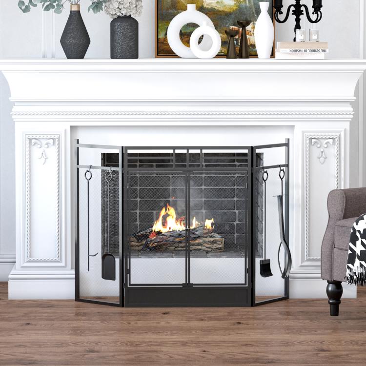 Wide Fireplace or Stove Screen – 2-in-1 Spark Guard with Accessories – 3-Panel Folding Design with Door – Black Steel