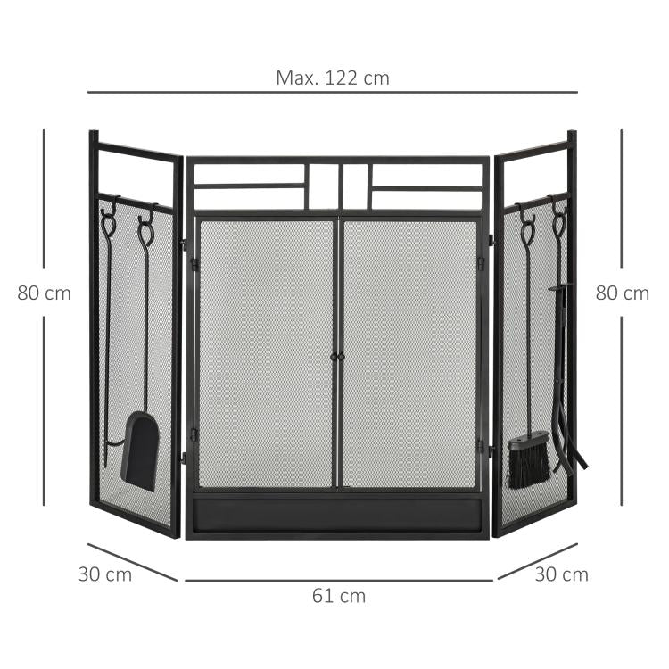 Wide Fireplace or Stove Screen – 2-in-1 Spark Guard with Accessories – 3-Panel Folding Design with Door – Black Steel