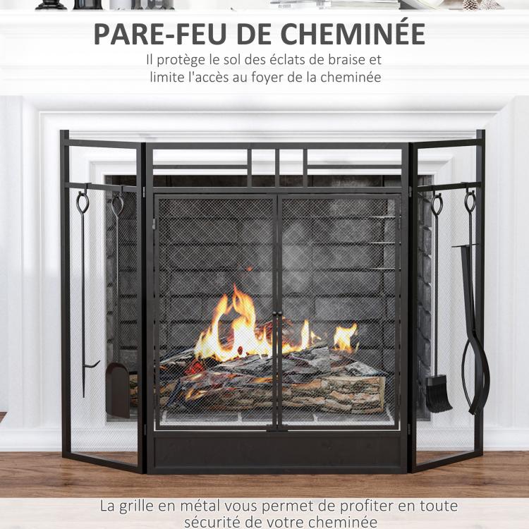Wide Fireplace or Stove Screen – 2-in-1 Spark Guard with Accessories – 3-Panel Folding Design with Door – Black Steel