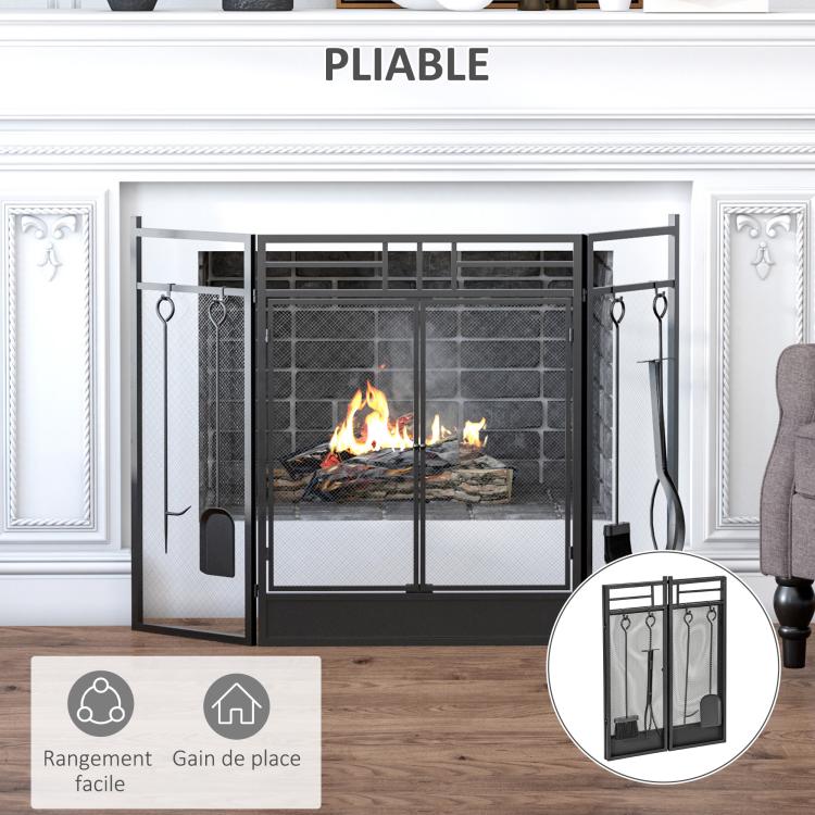 Wide Fireplace or Stove Screen – 2-in-1 Spark Guard with Accessories – 3-Panel Folding Design with Door – Black Steel
