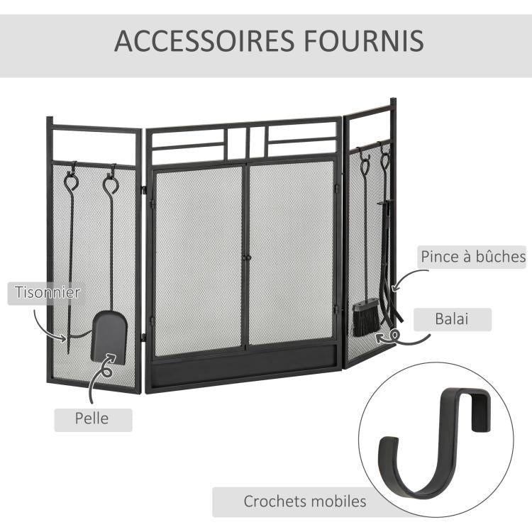 Wide Fireplace or Stove Screen – 2-in-1 Spark Guard with Accessories – 3-Panel Folding Design with Door – Black Steel