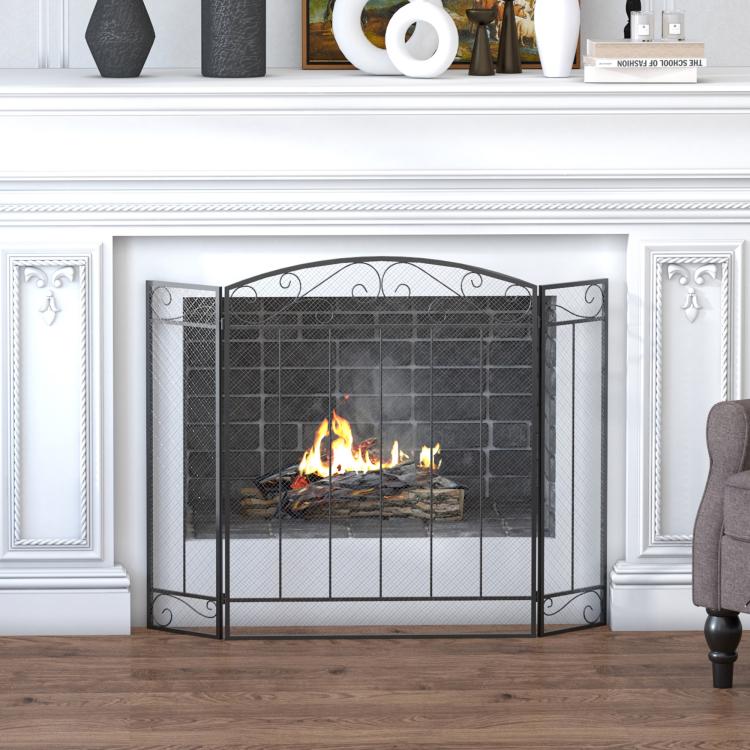 Fireplace Protection Screen – Large Fire Guard for Fireplace or Stove – Spark Guard – Safety Barrier – 3-Panel Folding Design – Black Steel
