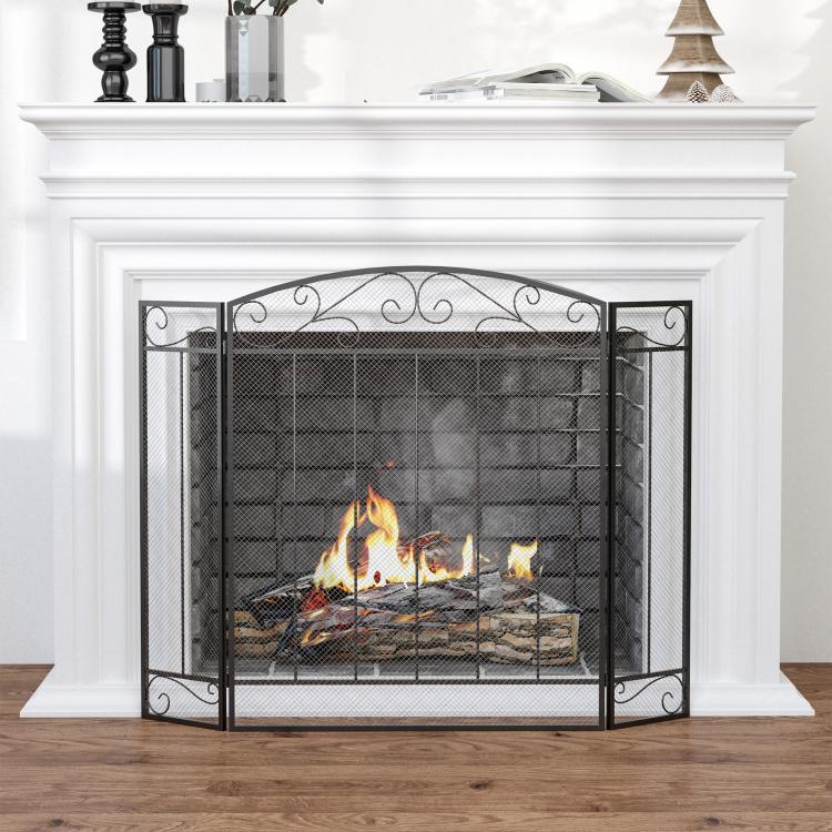 Fireplace Protection Screen – Large Fire Guard for Fireplace or Stove – Spark Guard – Safety Barrier – 3-Panel Folding Design – Black Steel