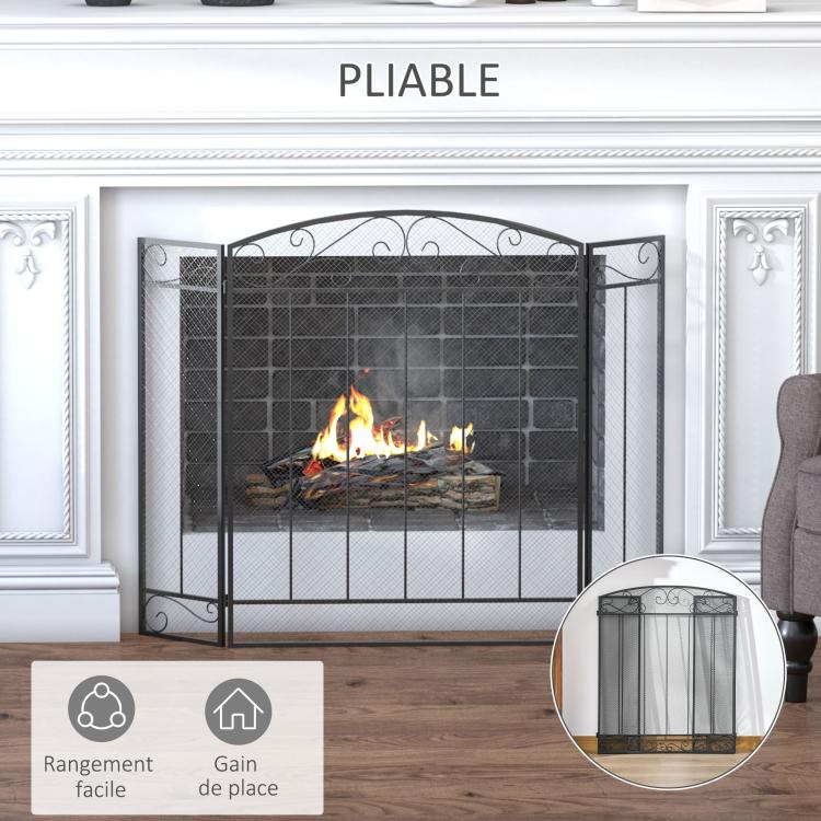 Fireplace Protection Screen – Large Fire Guard for Fireplace or Stove – Spark Guard – Safety Barrier – 3-Panel Folding Design – Black Steel