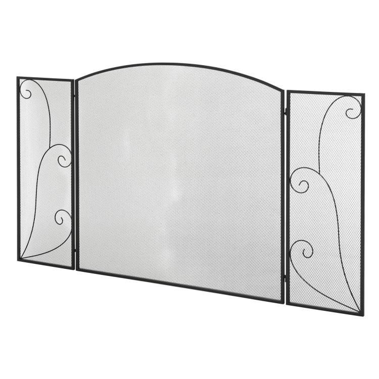Fireplace spark guard, 3 panels, foldable, flexible, metal, black, 132.5 x 76.5 cm