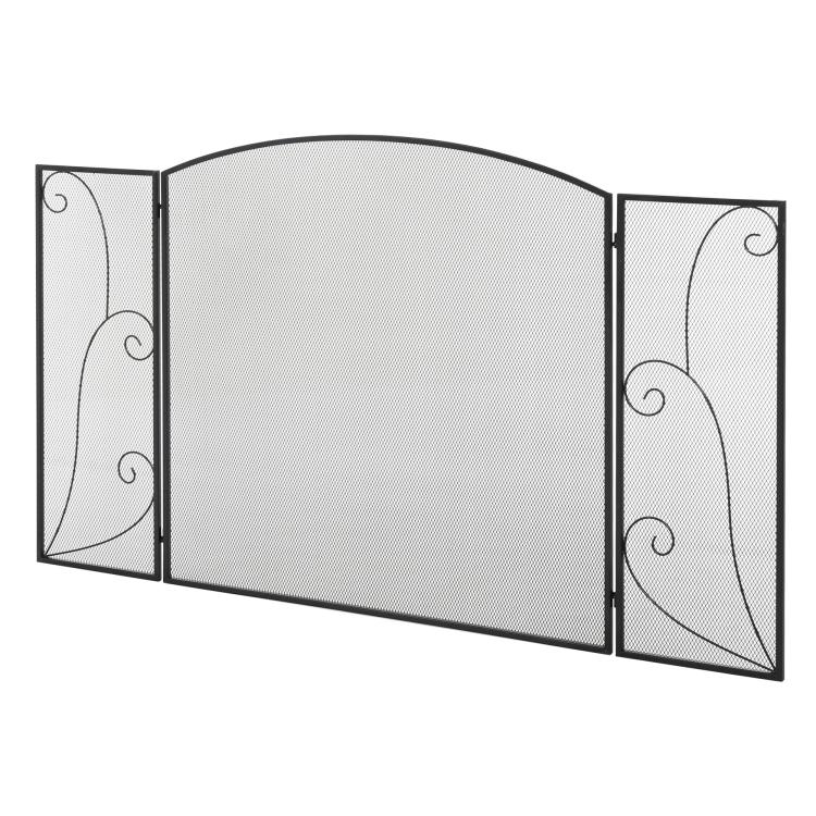 Fireplace spark guard, 3 panels, foldable, flexible, metal, black, 132.5 x 76.5 cm