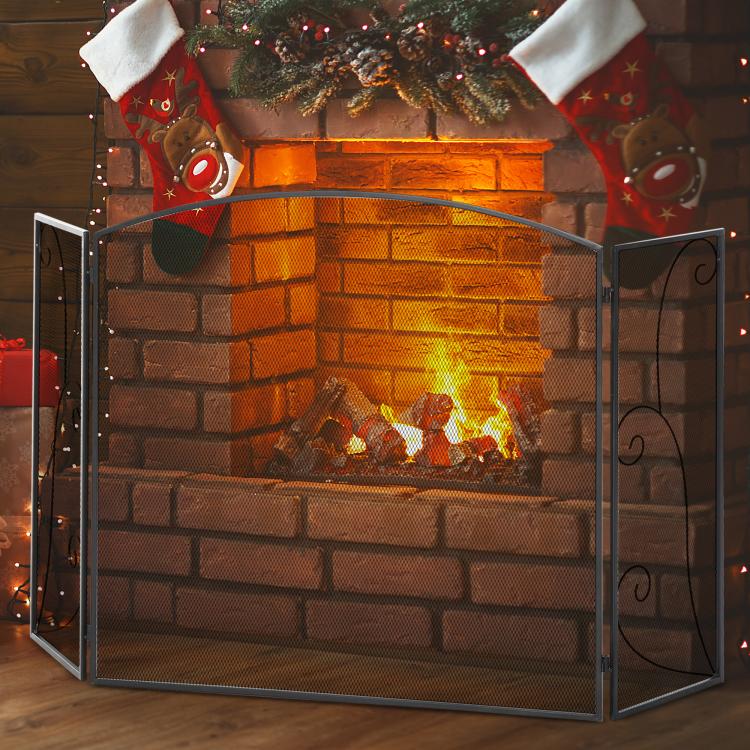 Fireplace spark guard, 3 panels, foldable, flexible, metal, black, 132.5 x 76.5 cm