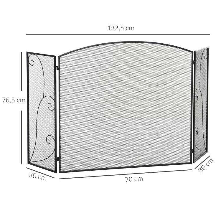 Fireplace spark guard, 3 panels, foldable, flexible, metal, black, 132.5 x 76.5 cm