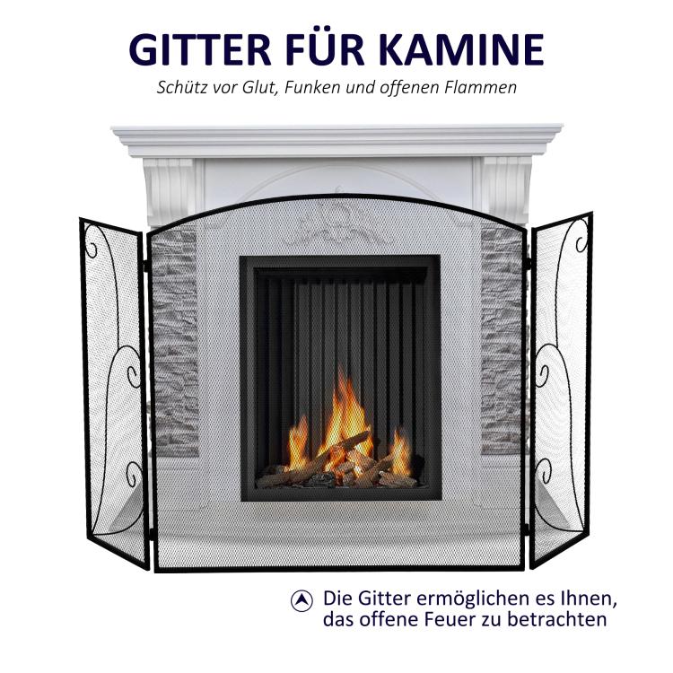 Fireplace spark guard, 3 panels, foldable, flexible, metal, black, 132.5 x 76.5 cm