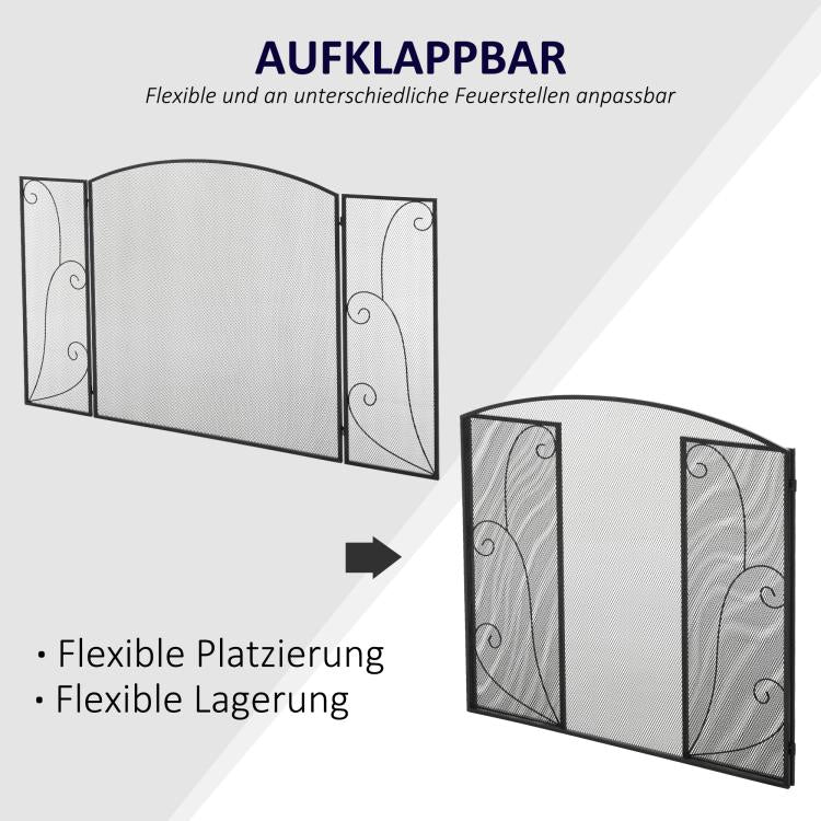 Fireplace spark guard, 3 panels, foldable, flexible, metal, black, 132.5 x 76.5 cm