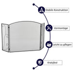 Fireplace spark guard, 3 panels, foldable, flexible, metal, black, 132.5 x 76.5 cm