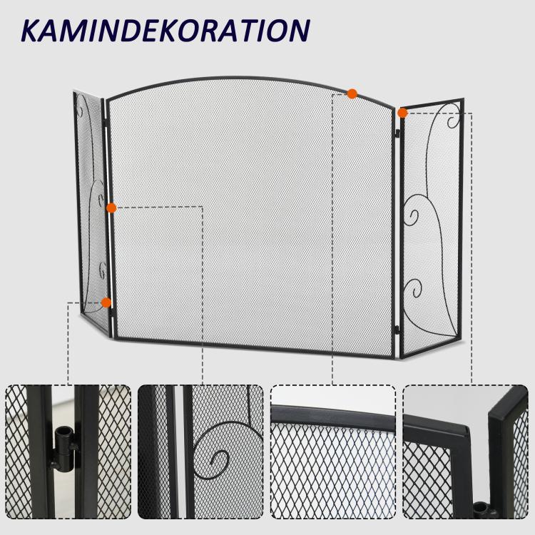 Fireplace spark guard, 3 panels, foldable, flexible, metal, black, 132.5 x 76.5 cm