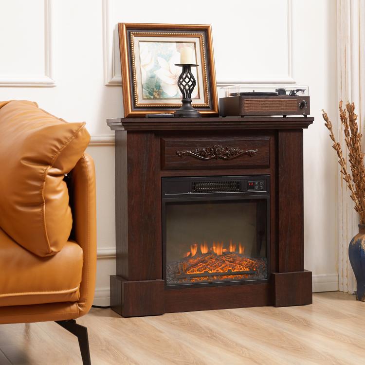 32 inch Electric Fireplace with Mantel, Freestanding Heater with LED Log Flame, Overheat Protection and Remote Control, 1400W, White