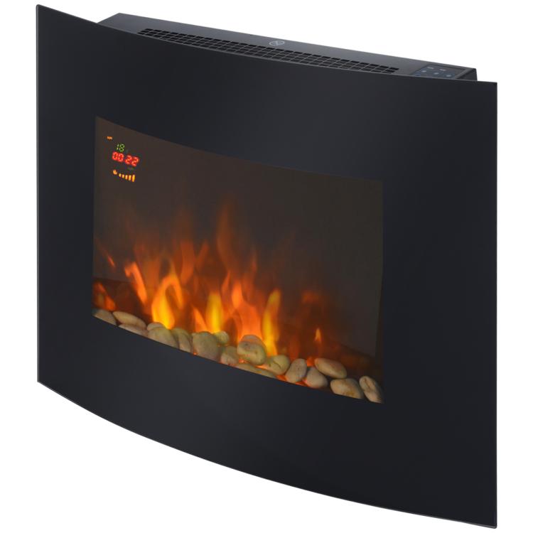 Wall-mounted electric fireplace, LED side lighting, avant-garde design, LED display with remote control and timer, 900/1800 W, adjustable brightness, black.