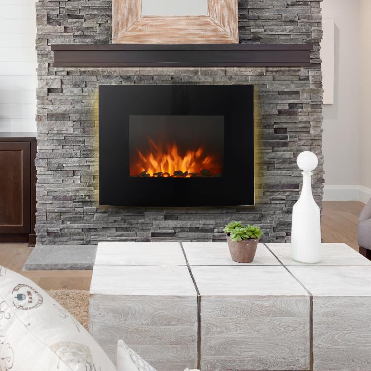 Wall-mounted electric fireplace, LED side lighting, avant-garde design, LED display with remote control and timer, 900/1800 W, adjustable brightness, black.