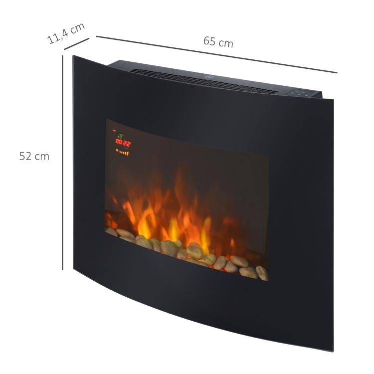 Wall-mounted electric fireplace, LED side lighting, avant-garde design, LED display with remote control and timer, 900/1800 W, adjustable brightness, black.