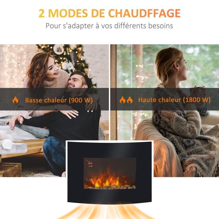 Wall-mounted electric fireplace, LED side lighting, avant-garde design, LED display with remote control and timer, 900/1800 W, adjustable brightness, black.
