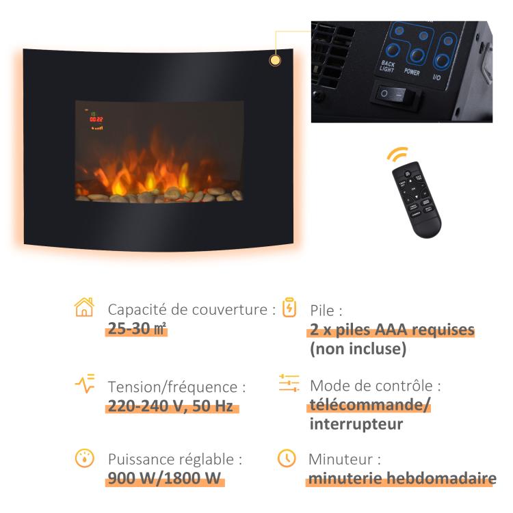 Wall-mounted electric fireplace, LED side lighting, avant-garde design, LED display with remote control and timer, 900/1800 W, adjustable brightness, black.