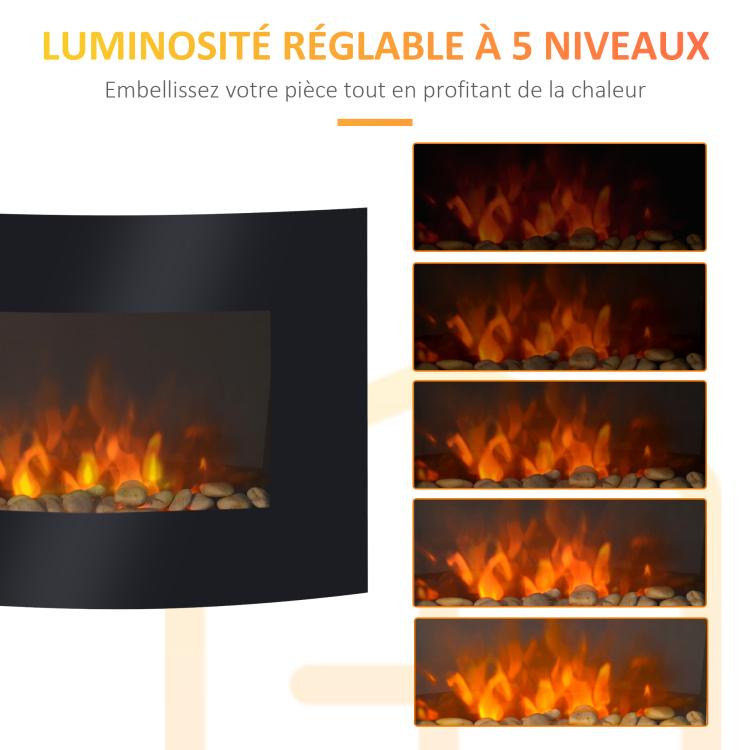 Wall-mounted electric fireplace, LED side lighting, avant-garde design, LED display with remote control and timer, 900/1800 W, adjustable brightness, black.