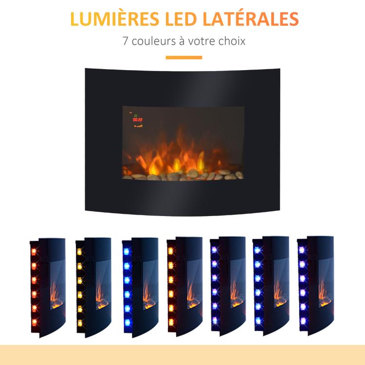 Wall-mounted electric fireplace, LED side lighting, avant-garde design, LED display with remote control and timer, 900/1800 W, adjustable brightness, black.