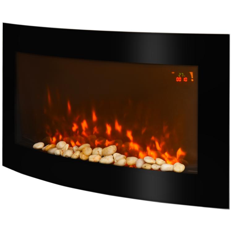 Wall-mounted electric fireplace with LED side lighting, avant-garde design, LED display, remote control, and timer; 1000/2000 W, adjustable brightness, black.