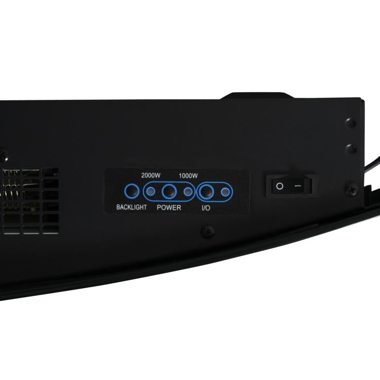 Wall-mounted electric fireplace with LED side lighting, avant-garde design, LED display, remote control, and timer; 1000/2000 W, adjustable brightness, black.