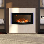 Wall-mounted electric fireplace with LED side lighting, avant-garde design, LED display, remote control, and timer; 1000/2000 W, adjustable brightness, black.