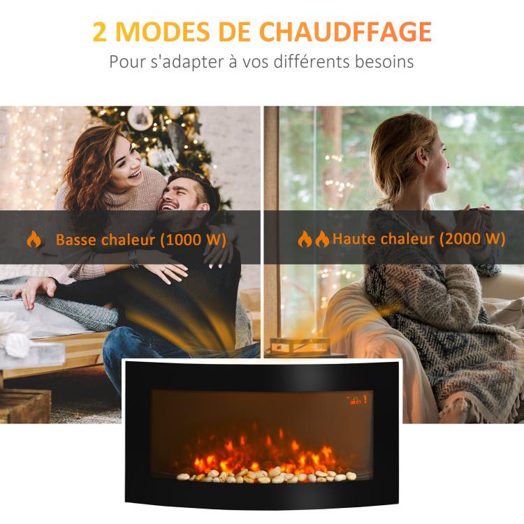 Wall-mounted electric fireplace with LED side lighting, avant-garde design, LED display, remote control, and timer; 1000/2000 W, adjustable brightness, black.