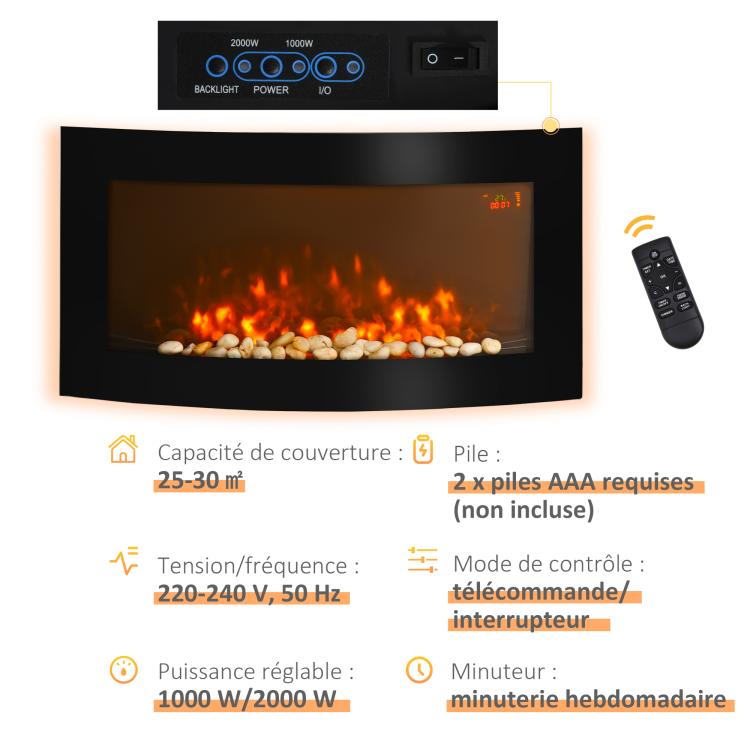 Wall-mounted electric fireplace with LED side lighting, avant-garde design, LED display, remote control, and timer; 1000/2000 W, adjustable brightness, black.
