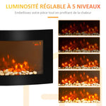 Wall-mounted electric fireplace with LED side lighting, avant-garde design, LED display, remote control, and timer; 1000/2000 W, adjustable brightness, black.