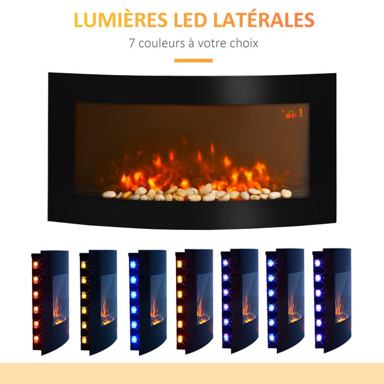 Wall-mounted electric fireplace with LED side lighting, avant-garde design, LED display, remote control, and timer; 1000/2000 W, adjustable brightness, black.