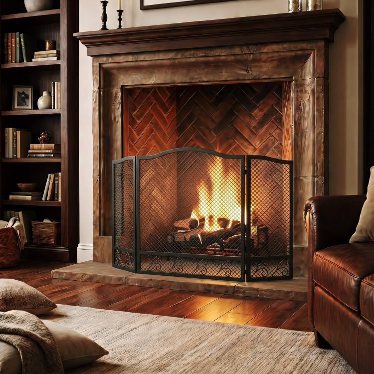 3-Panel Folding Fireplace Screen, 107 x 60 cm, Black Metal