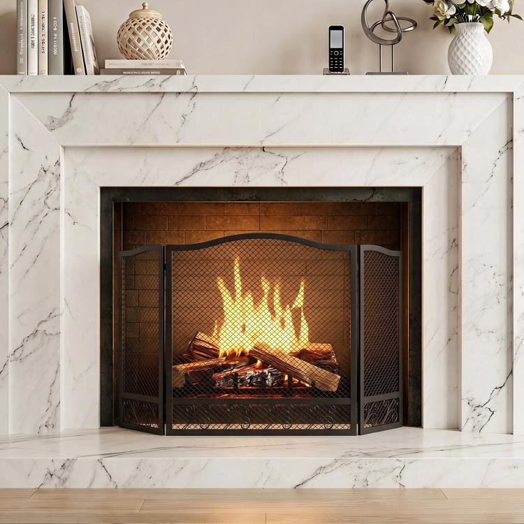 3-Panel Folding Fireplace Screen, 107 x 60 cm, Black Metal