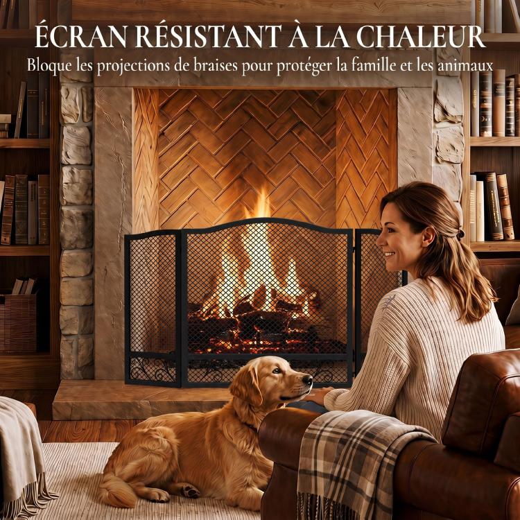 3-Panel Folding Fireplace Screen, 107 x 60 cm, Black Metal