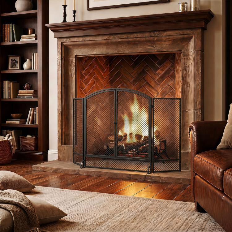 Black 3-Panel, 2-Door Folding Fireplace Screen (122 x 10 x 75 cm)