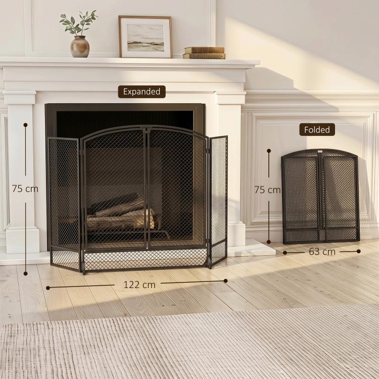 Black 3-Panel, 2-Door Folding Fireplace Screen (122 x 10 x 75 cm)