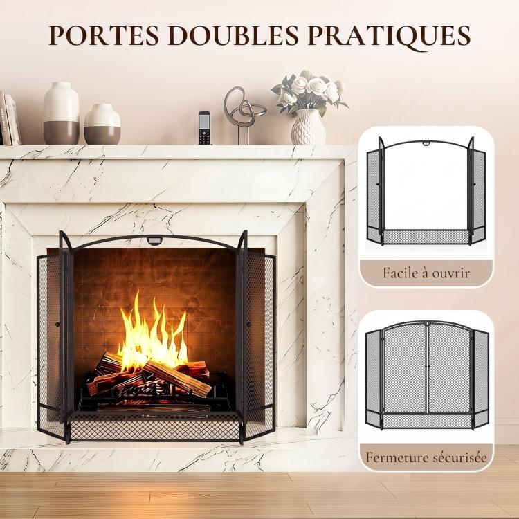 Black 3-Panel, 2-Door Folding Fireplace Screen (122 x 10 x 75 cm)