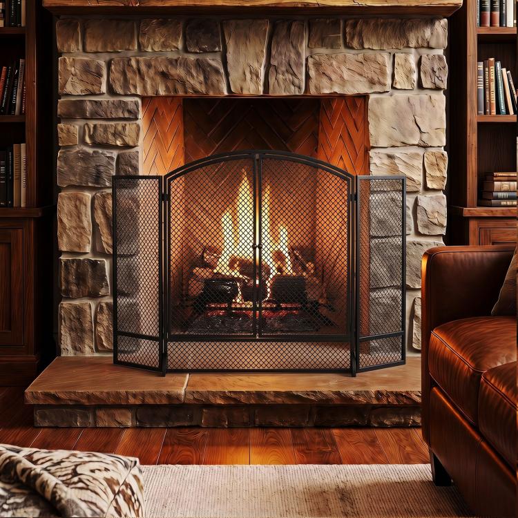 Black 3-Panel, 2-Door Folding Fireplace Screen (122 x 10 x 75 cm)