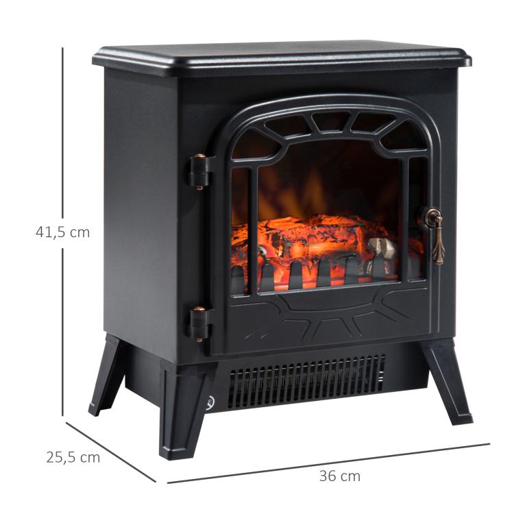 Electric Fireplace Heater with Adjustable Flame Effect and Brightness (925 W / 1850 W) – Black Metal and Tempered Glass