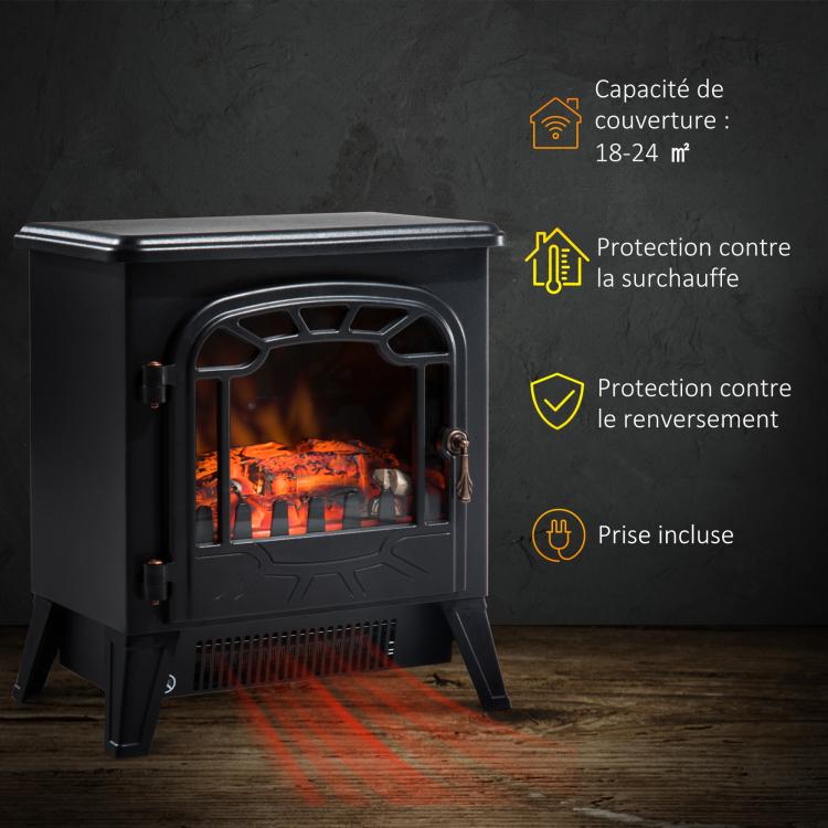 Electric Fireplace Heater with Adjustable Flame Effect and Brightness (925 W / 1850 W) – Black Metal and Tempered Glass