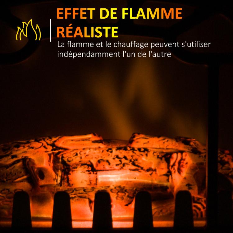 Electric Fireplace Heater with Adjustable Flame Effect and Brightness (925 W / 1850 W) – Black Metal and Tempered Glass