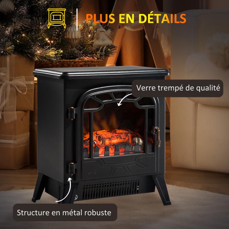Electric Fireplace Heater with Adjustable Flame Effect and Brightness (925 W / 1850 W) – Black Metal and Tempered Glass