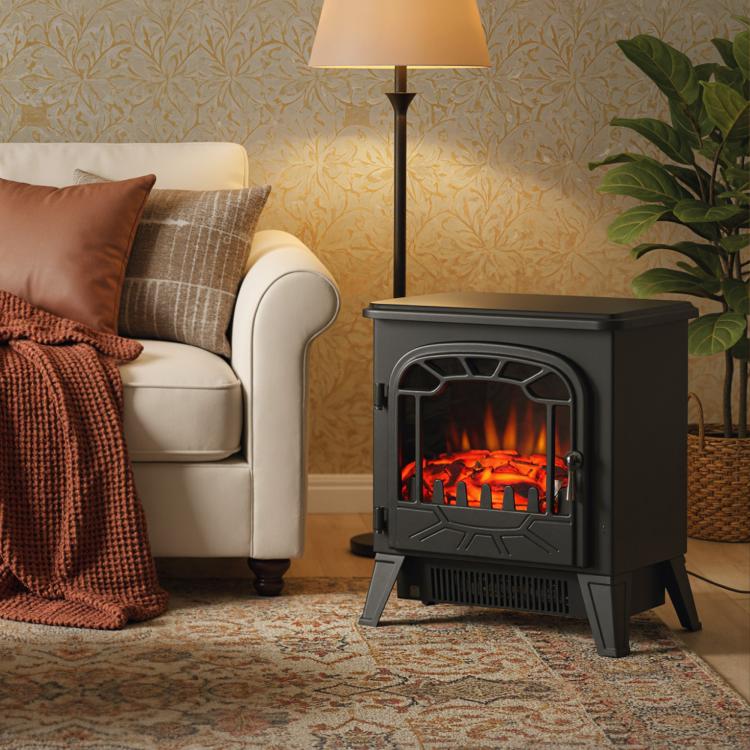 Electric Fireplace Heater with Adjustable Flame Effect and Brightness (925 W / 1850 W) – Black Metal and Tempered Glass