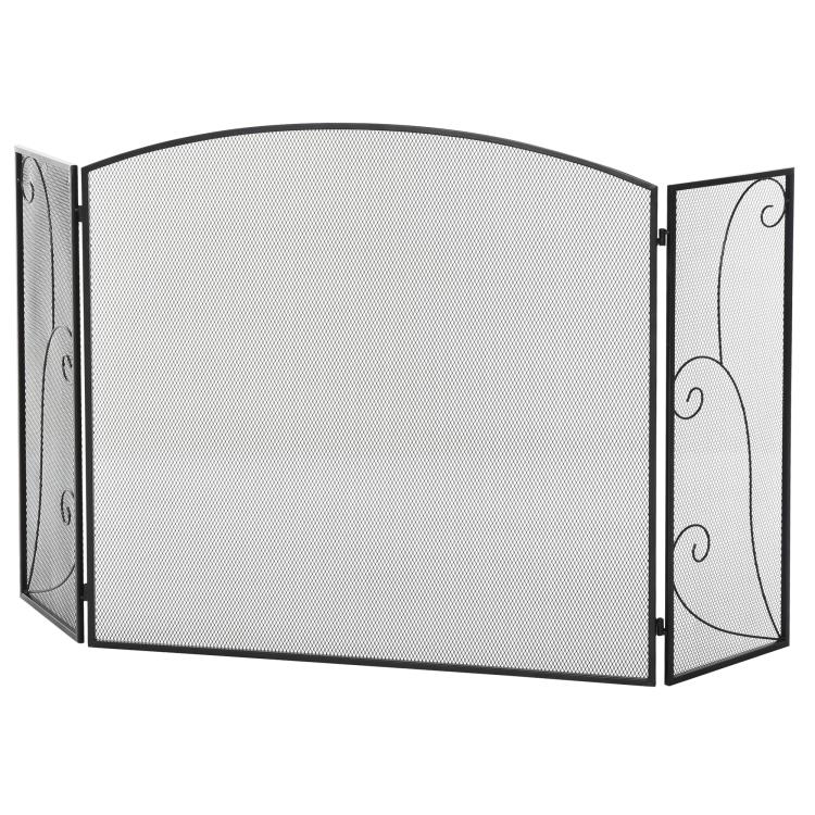 Elegant fireplace or stove screen / 3-panel folding spark guard (132.5 cm W x 76.5 cm H) – Black steel/metal