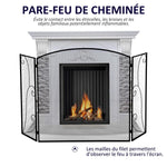 Elegant fireplace or stove screen / 3-panel folding spark guard (132.5 cm W x 76.5 cm H) – Black steel/metal