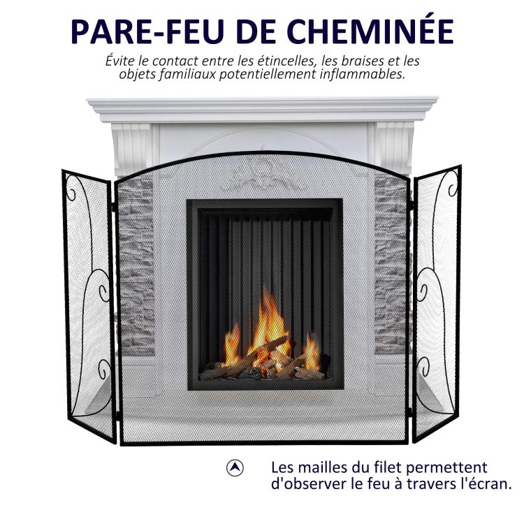 Elegant fireplace or stove screen / 3-panel folding spark guard (132.5 cm W x 76.5 cm H) – Black steel/metal
