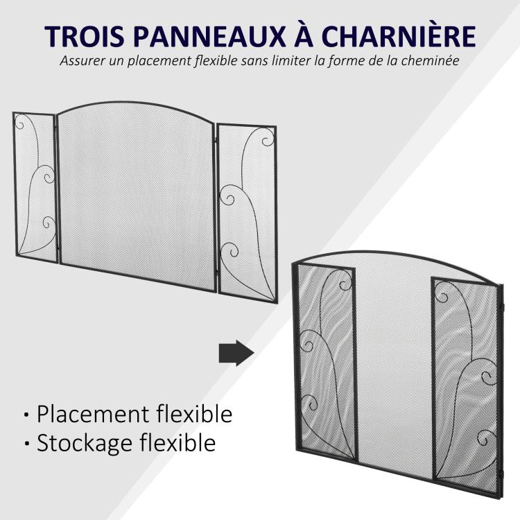 Elegant fireplace or stove screen / 3-panel folding spark guard (132.5 cm W x 76.5 cm H) – Black steel/metal