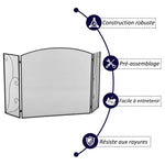Elegant fireplace or stove screen / 3-panel folding spark guard (132.5 cm W x 76.5 cm H) – Black steel/metal