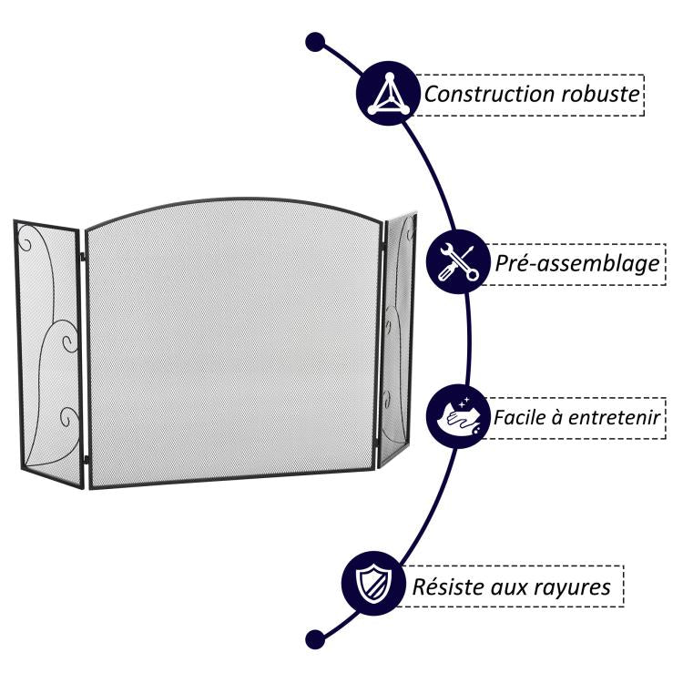 Elegant fireplace or stove screen / 3-panel folding spark guard (132.5 cm W x 76.5 cm H) – Black steel/metal