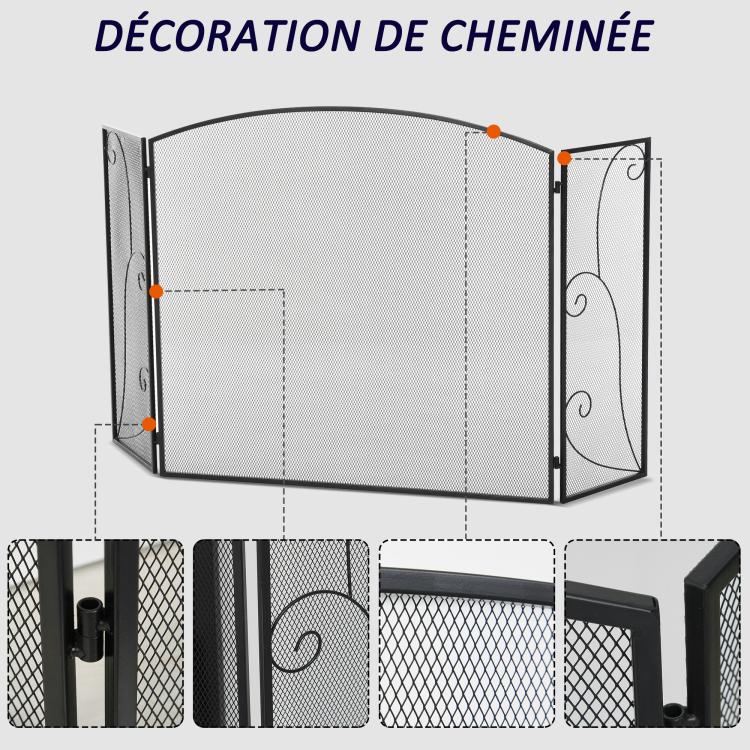 Elegant fireplace or stove screen / 3-panel folding spark guard (132.5 cm W x 76.5 cm H) – Black steel/metal
